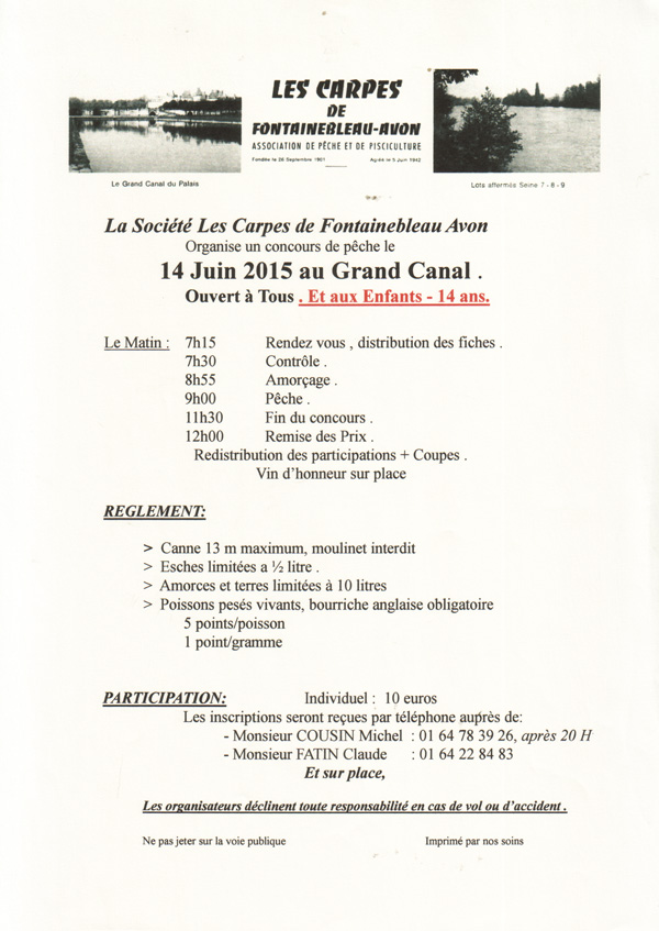 Reglement du concours de peche au grand canal de fontainebleau